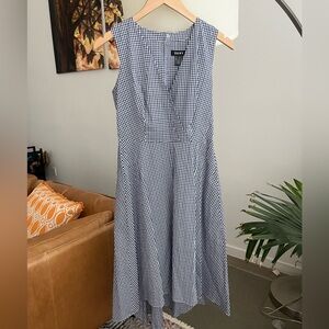 DKNY Cotton Gingham Print High Low Fit and Flare Midi Dress